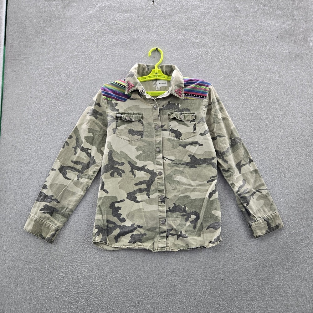 SIGNED‎ Women Button Up Shirt XL Green Camouflage Twill Western Snap